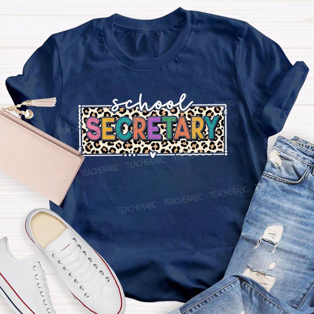 School Secretary Heart Accent Leopard Print T-shirt