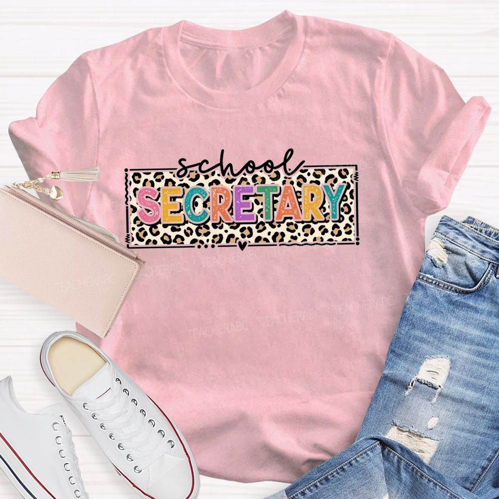 School Secretary Heart Accent Leopard Print T-shirt