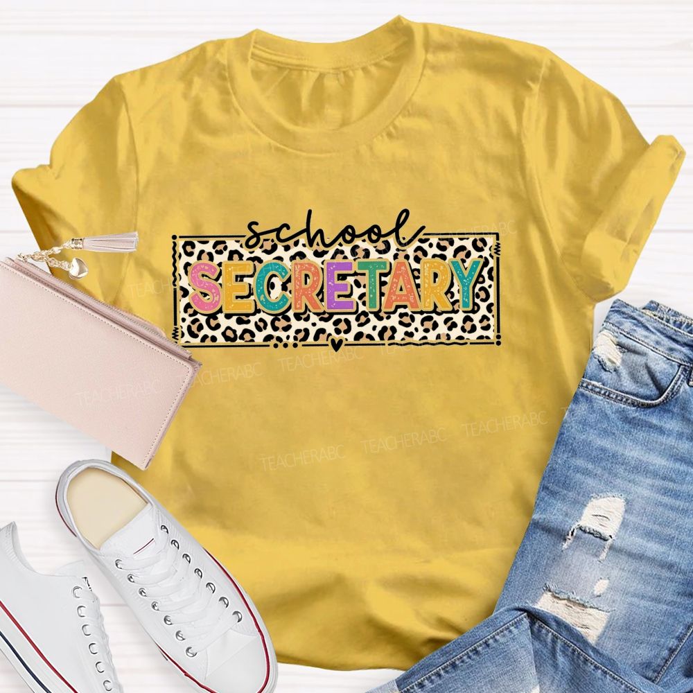 School Secretary Heart Accent Leopard Print T-shirt