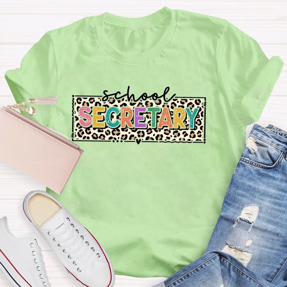 School Secretary Heart Accent Leopard Print T-shirt
