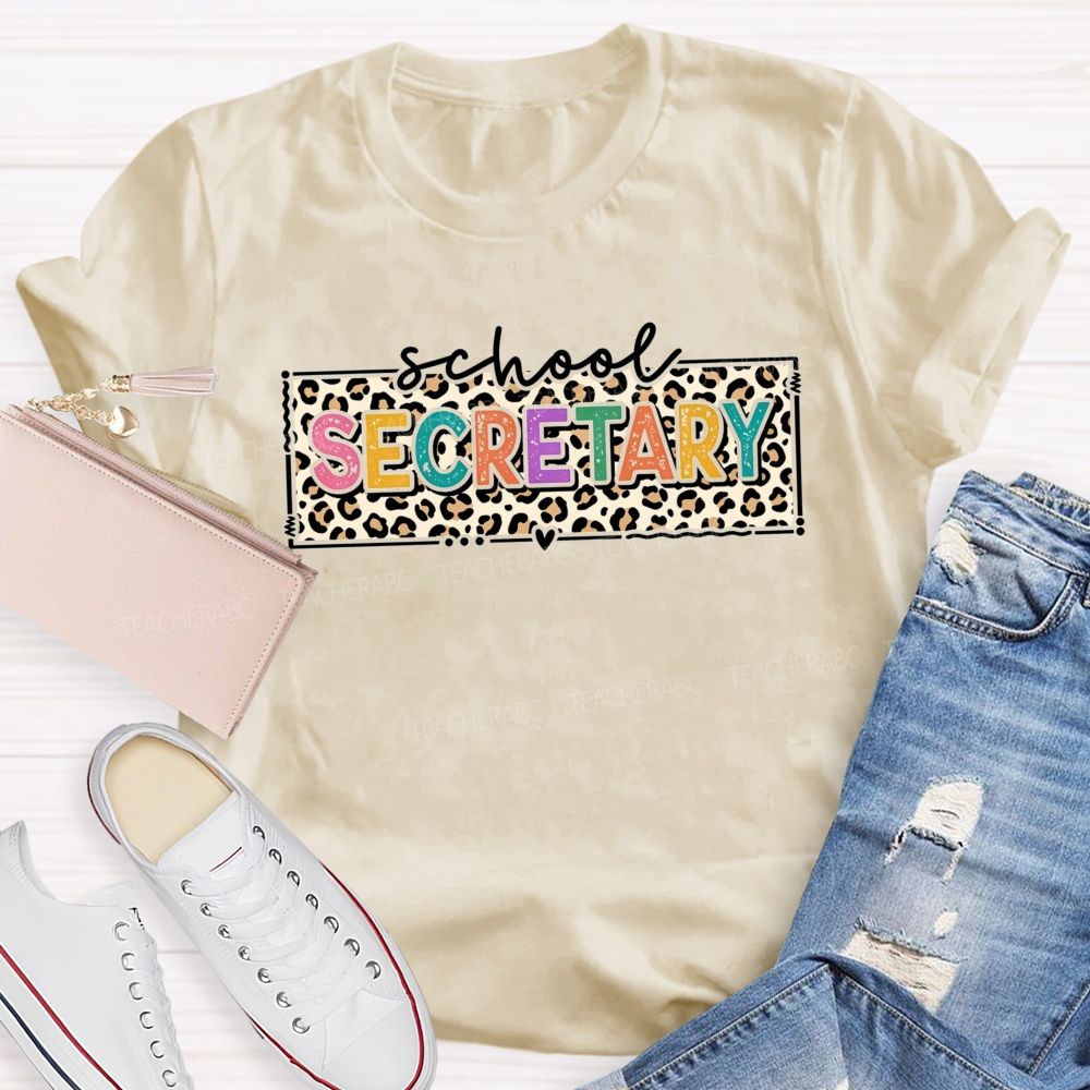 School Secretary Heart Accent Leopard Print T-shirt