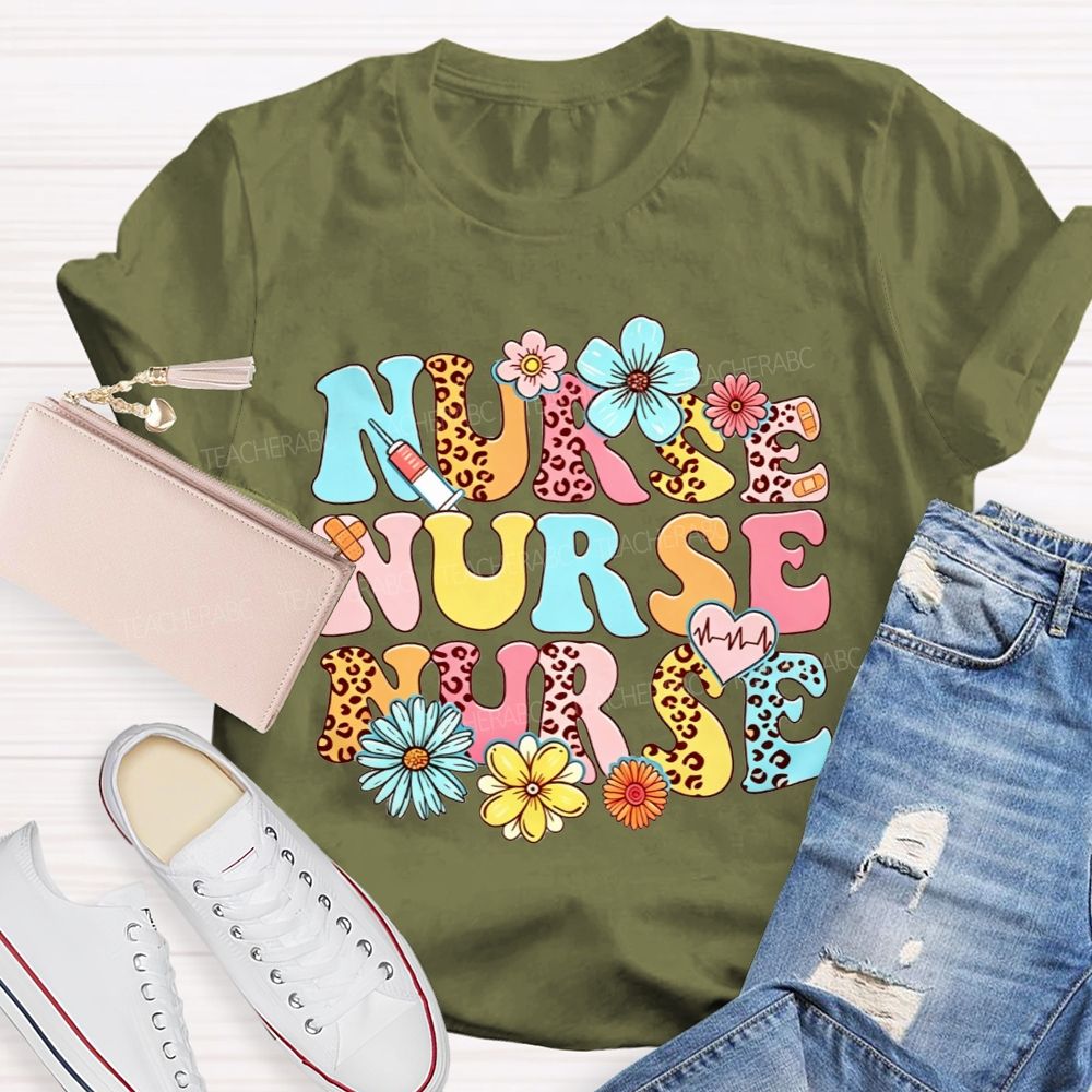 School Nurse Colorful Leopard Print And Flowers T-shirt