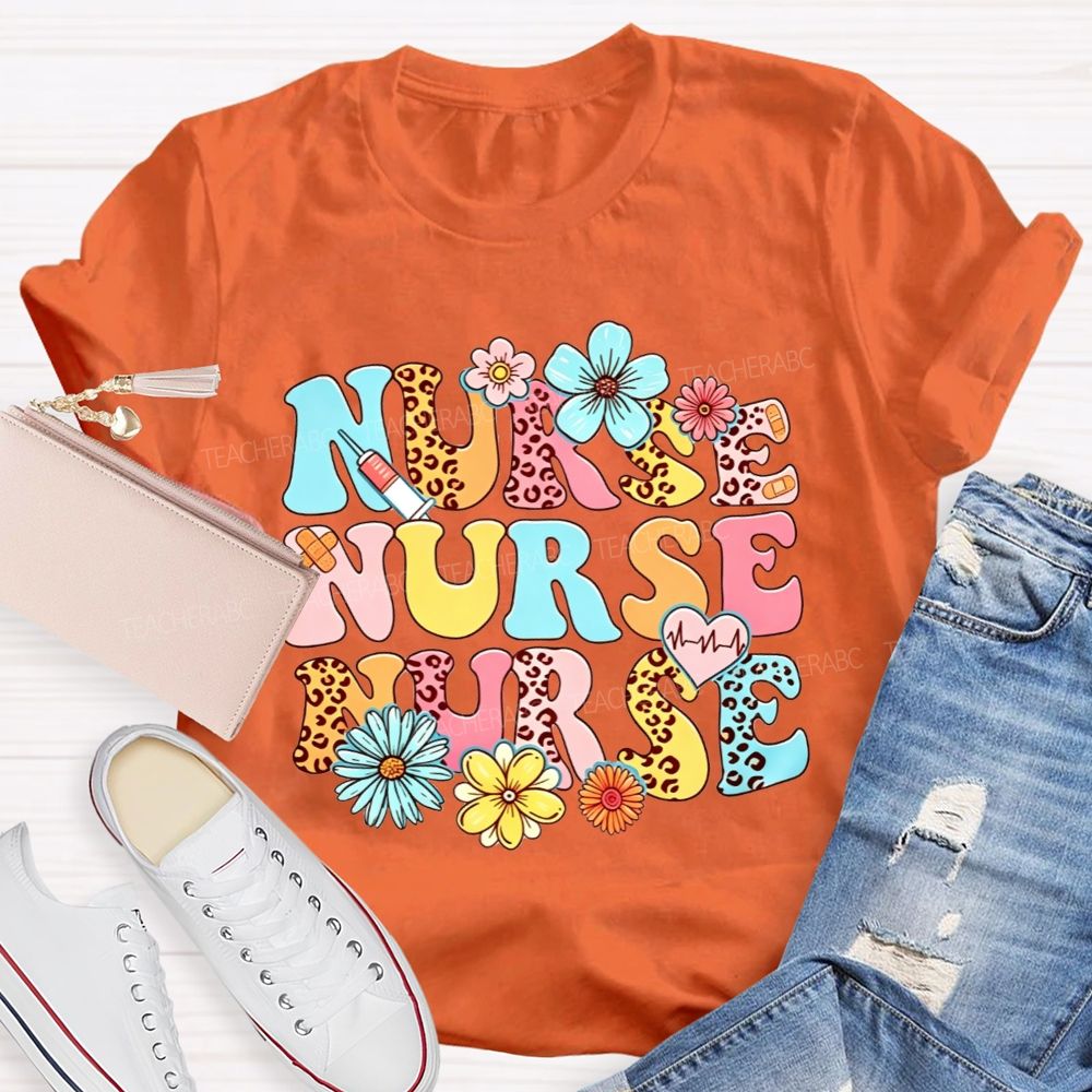 School Nurse Colorful Leopard Print And Flowers T-shirt