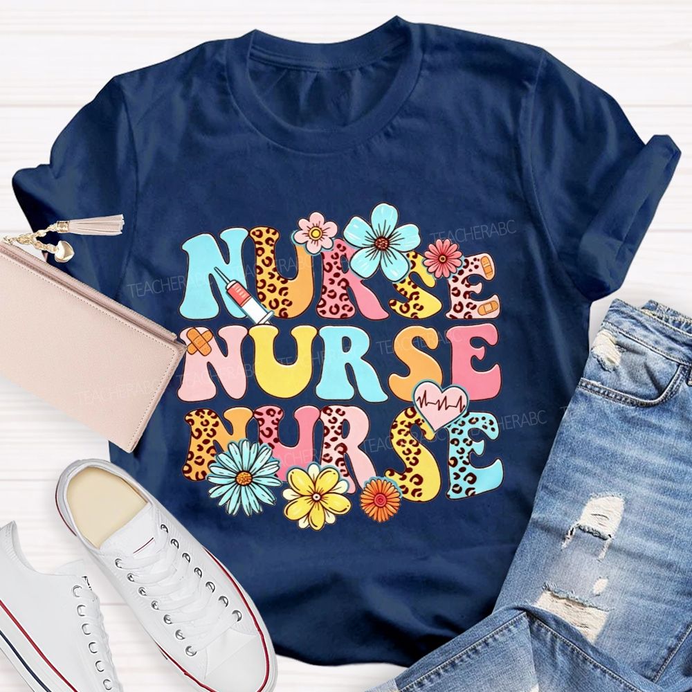 School Nurse Colorful Leopard Print And Flowers T-shirt