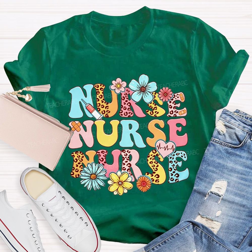 School Nurse Colorful Leopard Print And Flowers T-shirt