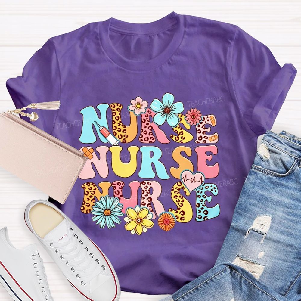 School Nurse Colorful Leopard Print And Flowers T-shirt