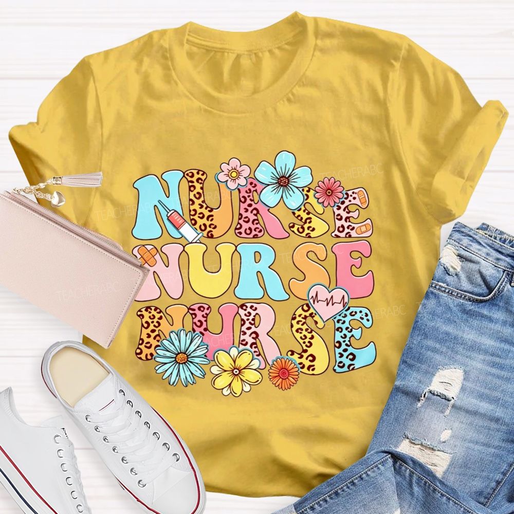 School Nurse Colorful Leopard Print And Flowers T-shirt