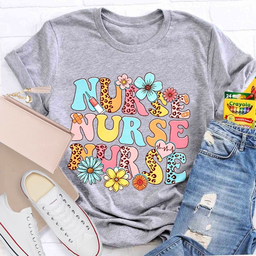 School Nurse Colorful Leopard Print And Flowers T-shirt
