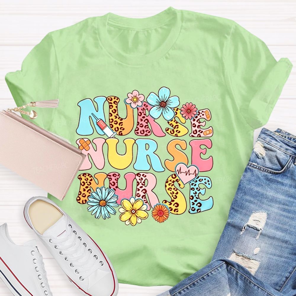 School Nurse Colorful Leopard Print And Flowers T-shirt