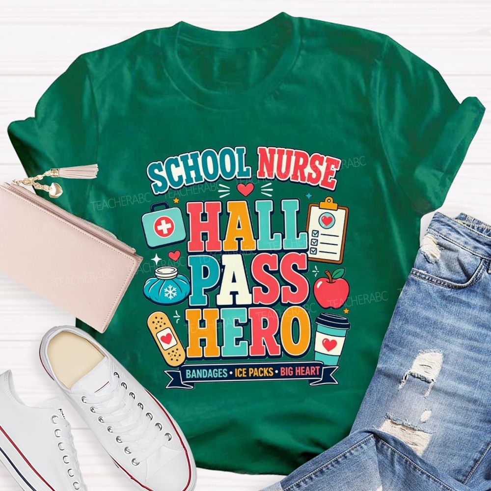 School Nurse Hall Pass Hero Bandages Ice Packs Big Heart T-shirt