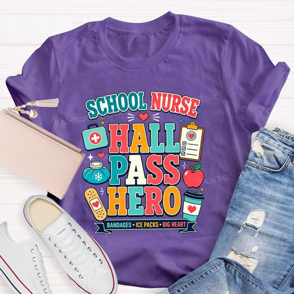 School Nurse Hall Pass Hero Bandages Ice Packs Big Heart T-shirt