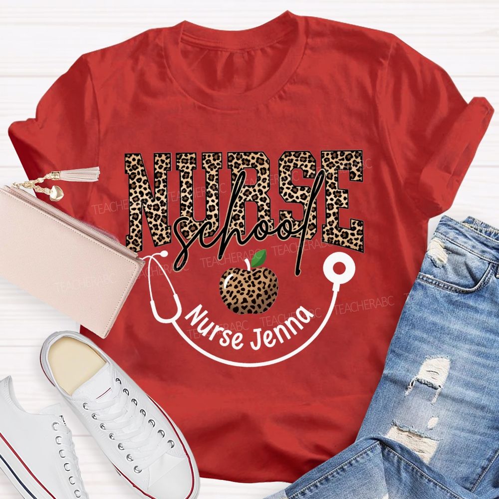 Personalized Name School Nurse Stethoscope Apple And Leopard T-shirt