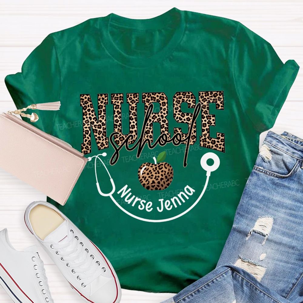 Personalized Name School Nurse Stethoscope Apple And Leopard T-shirt