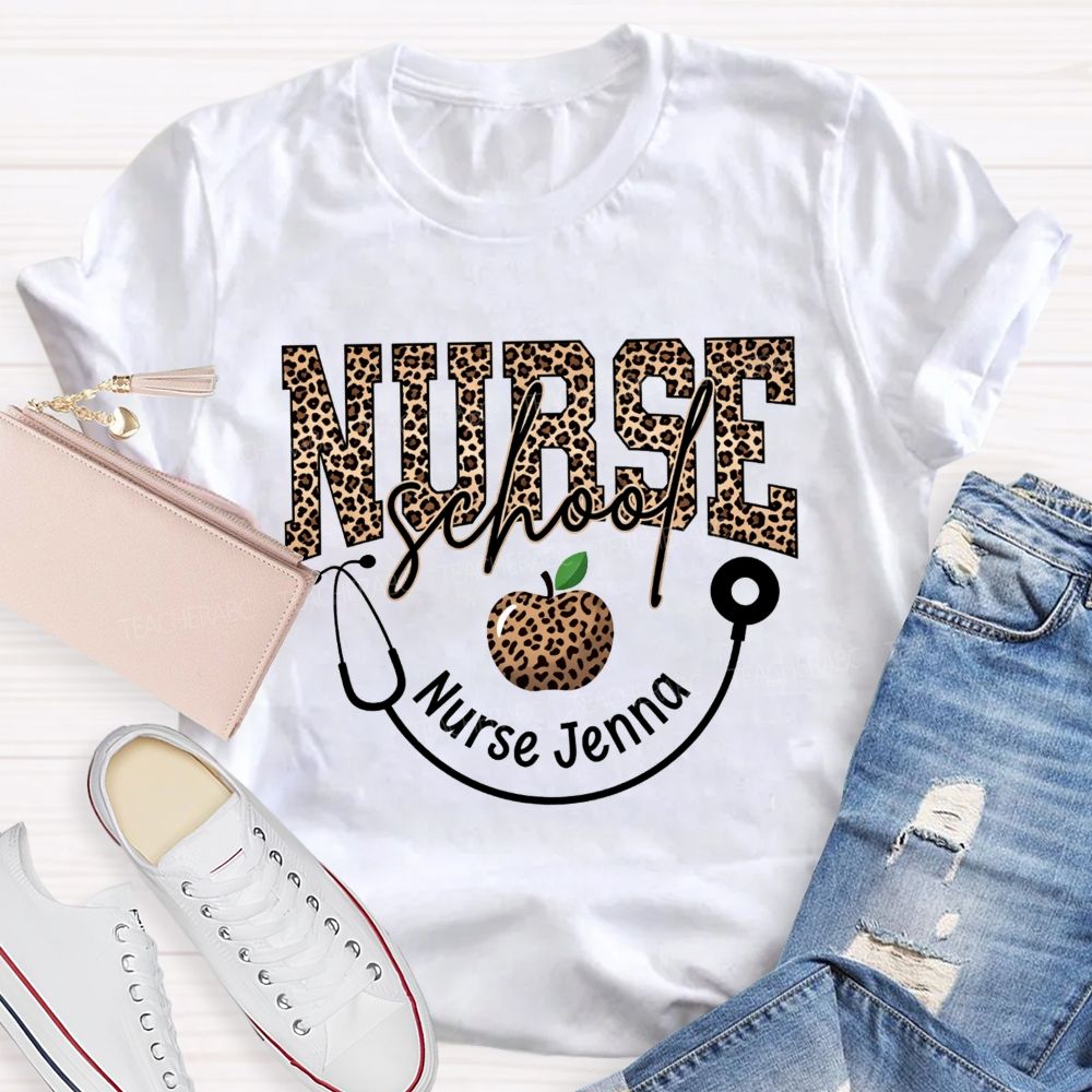 Personalized Name School Nurse Stethoscope Apple And Leopard T-shirt