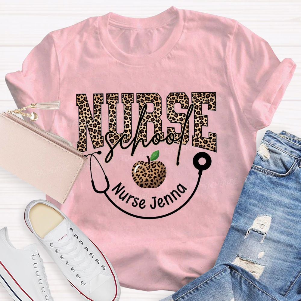 Personalized Name School Nurse Stethoscope Apple And Leopard T-shirt