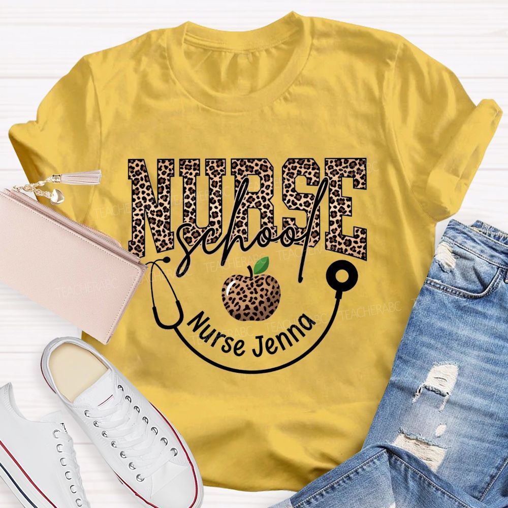 Personalized Name School Nurse Stethoscope Apple And Leopard T-shirt
