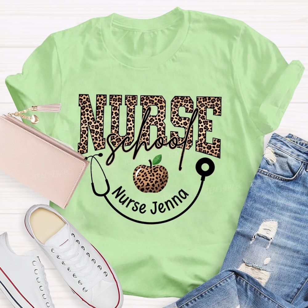 Personalized Name School Nurse Stethoscope Apple And Leopard T-shirt
