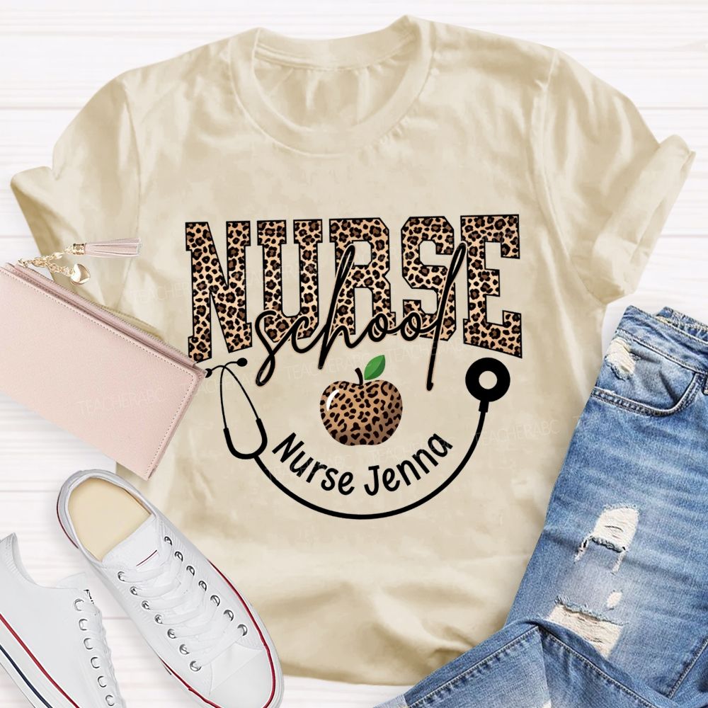 Personalized Name School Nurse Stethoscope Apple And Leopard T-shirt