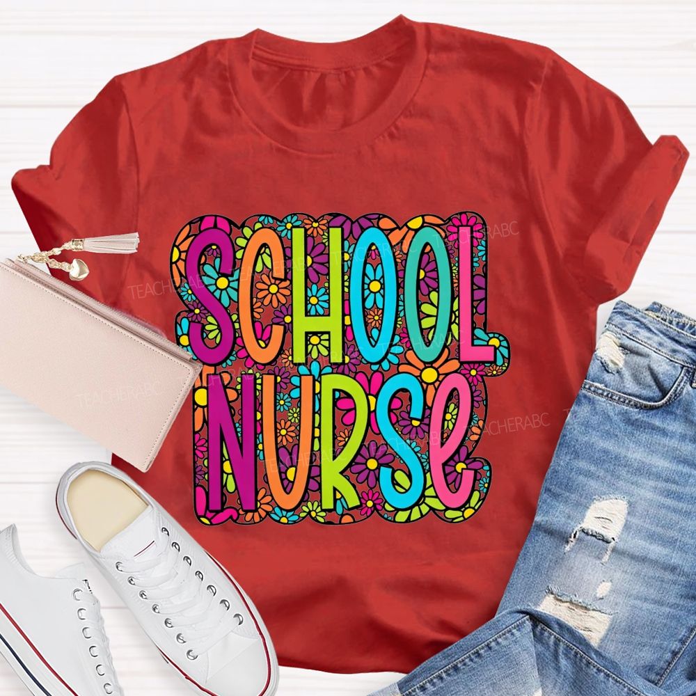 School Nurse Bright Multicolor Floral Letter Wildflower T-shirt