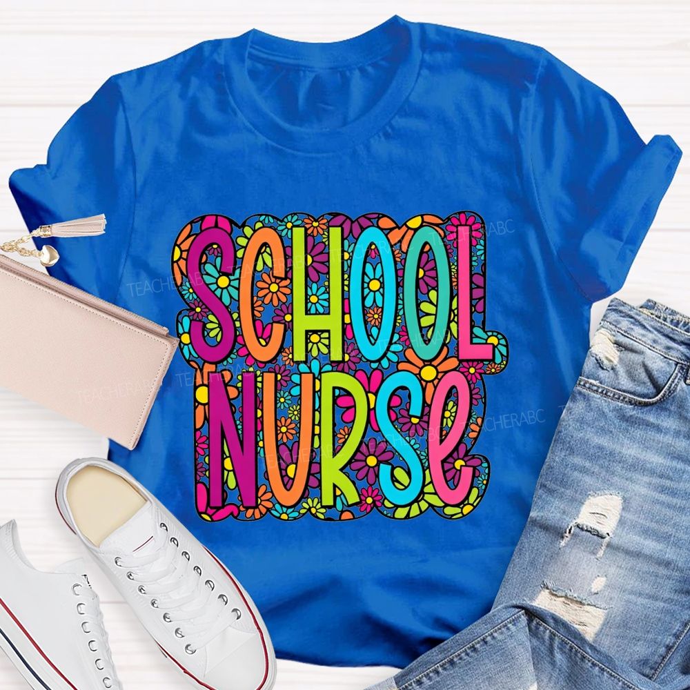 School Nurse Bright Multicolor Floral Letter Wildflower T-shirt