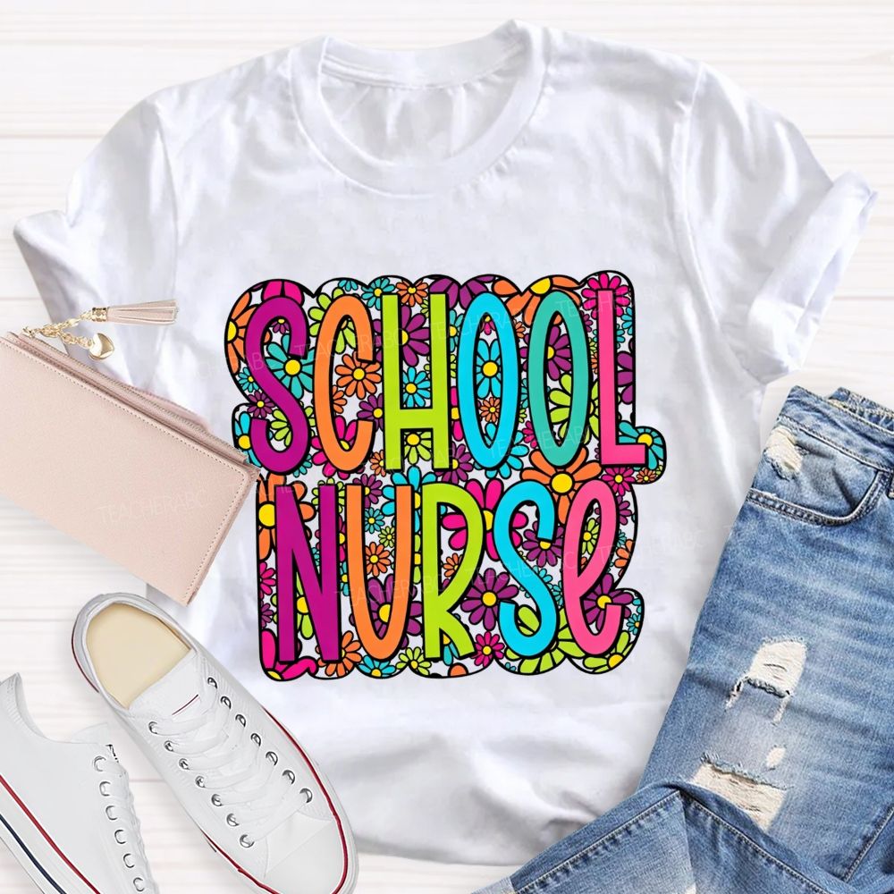 School Nurse Bright Multicolor Floral Letter Wildflower T-shirt