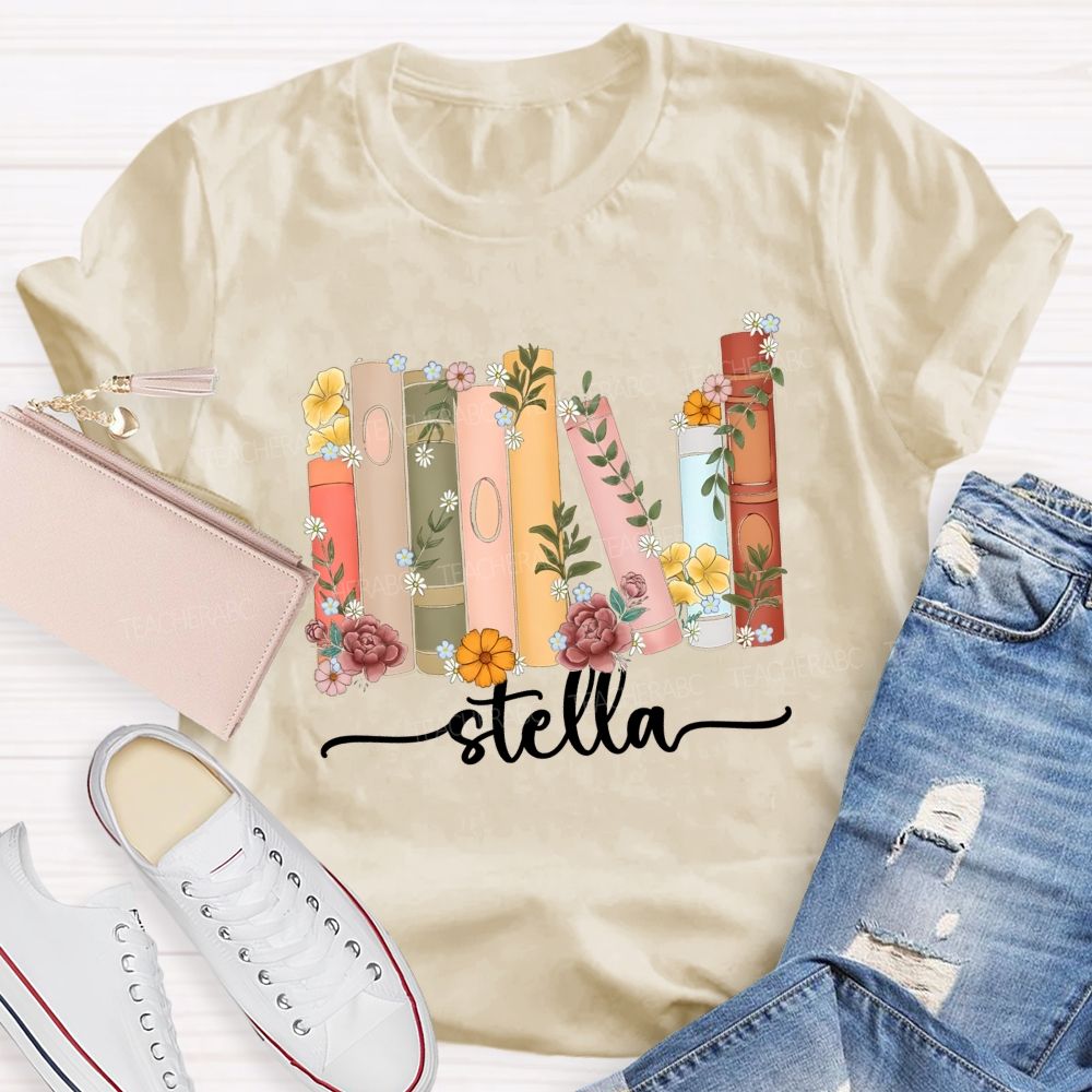 Personalized Name Floral Books Teacher T-Shirt
