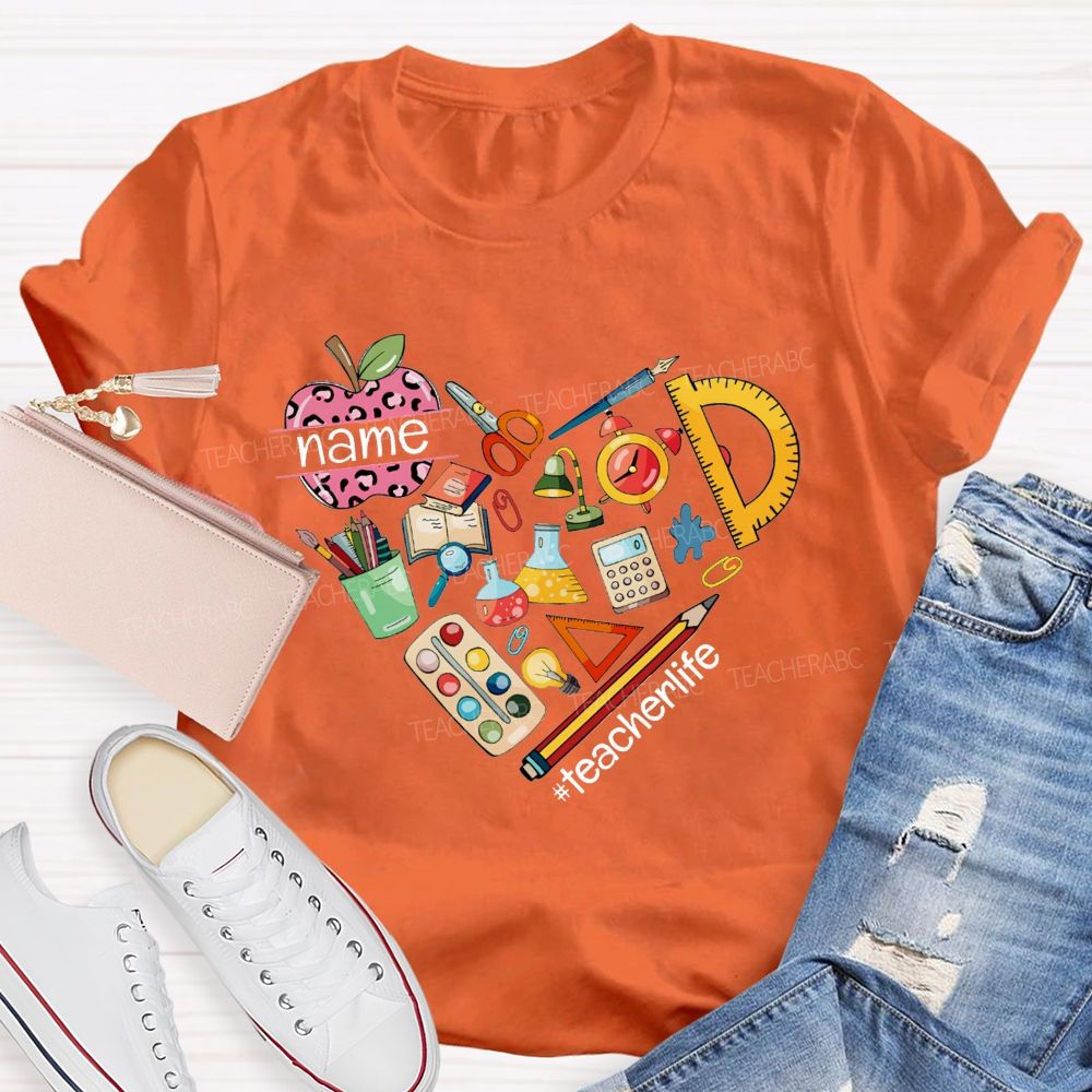 Personalized Name Pink Leopard Apple Back To School Teacher T-Shirt