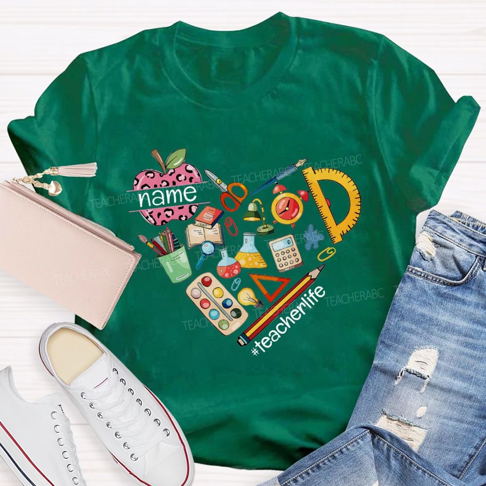 Personalized Name Pink Leopard Apple Back To School Teacher T-Shirt