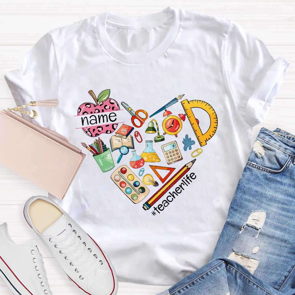 Personalized Name Pink Leopard Apple Back To School Teacher T-Shirt