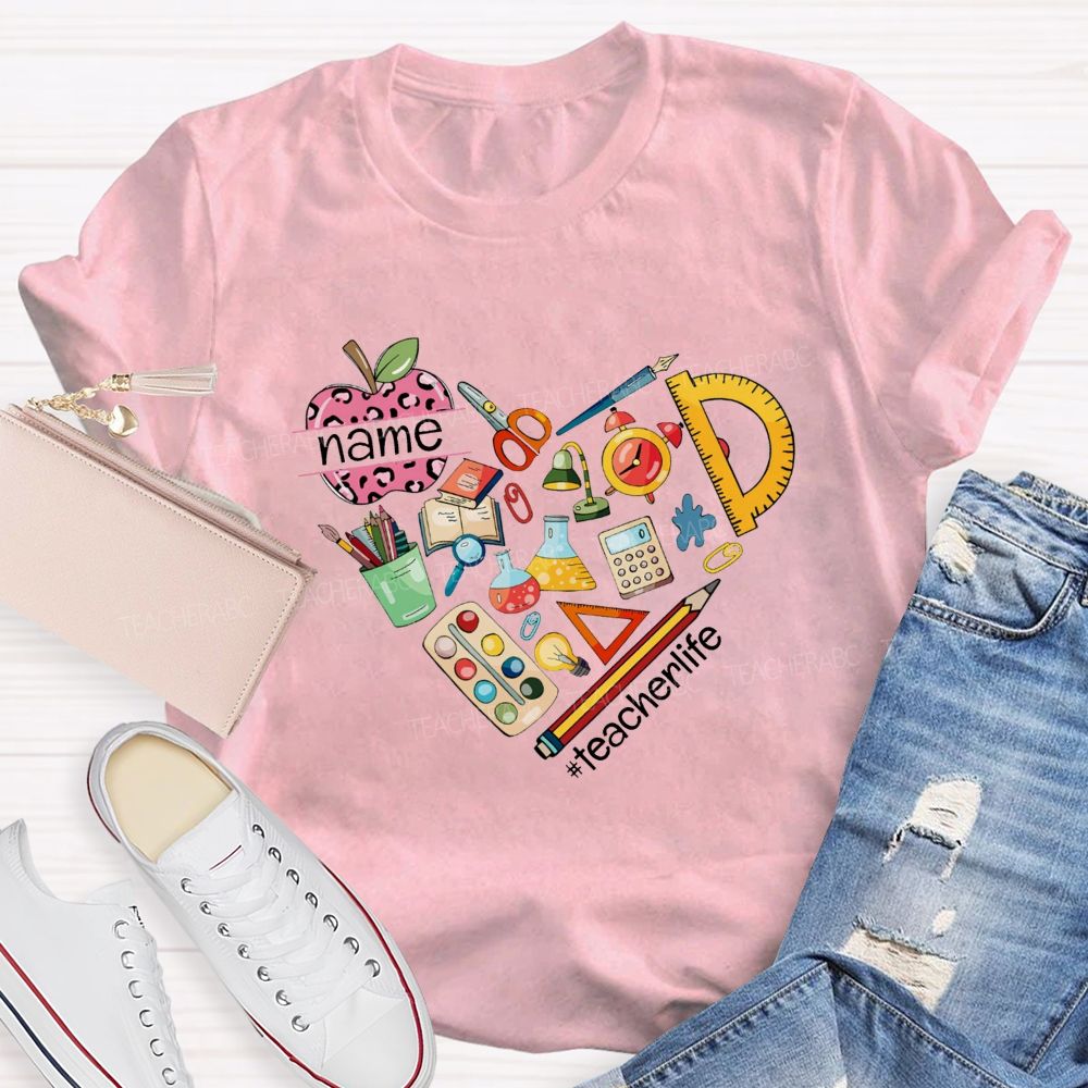 Personalized Name Pink Leopard Apple Back To School Teacher T-Shirt