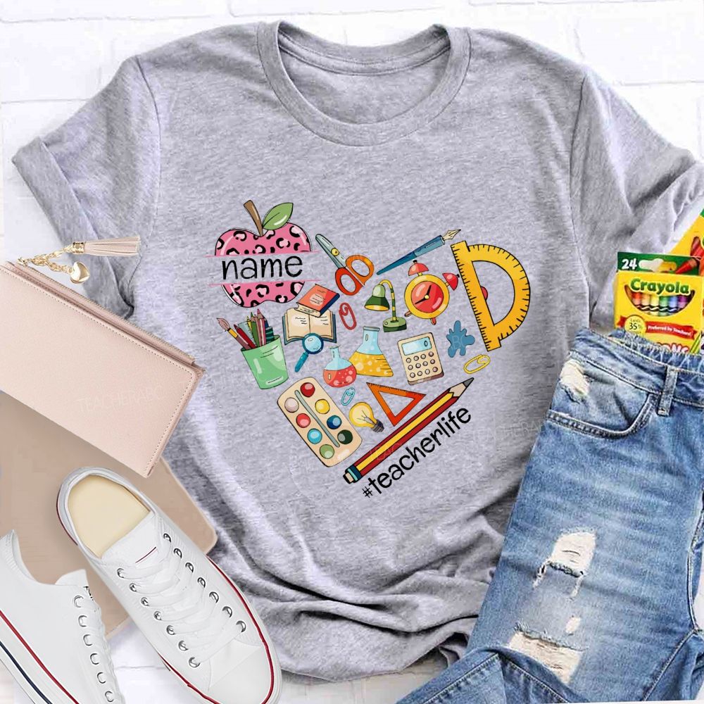 Personalized Name Pink Leopard Apple Back To School Teacher T-Shirt