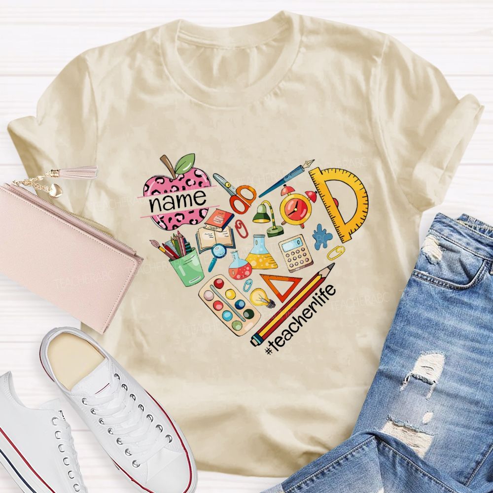 Personalized Name Pink Leopard Apple Back To School Teacher T-Shirt