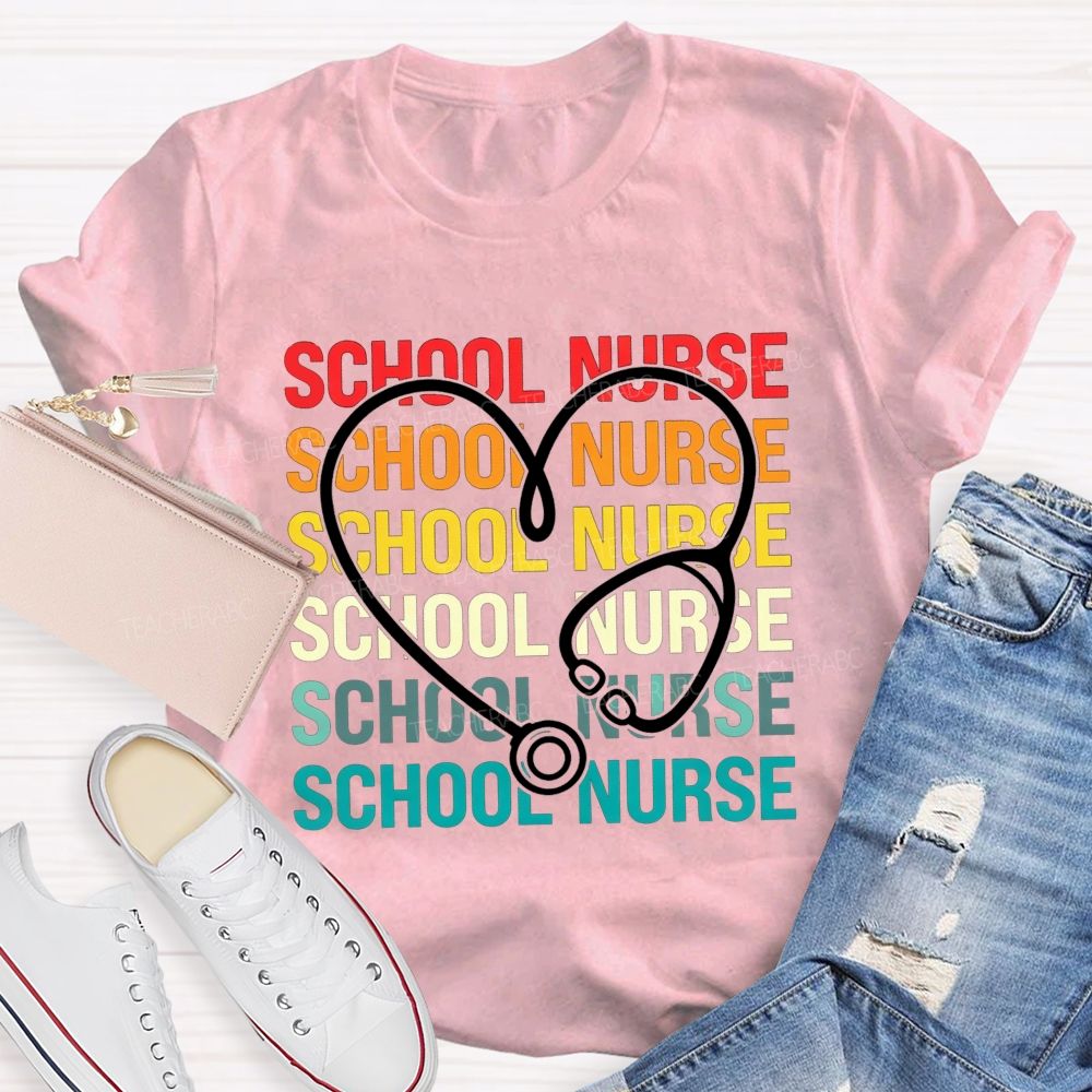 School Nurse Rainbow Heart Stethoscope T-shirt