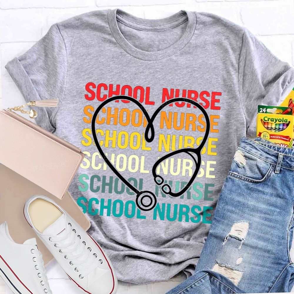 School Nurse Rainbow Heart Stethoscope T-shirt