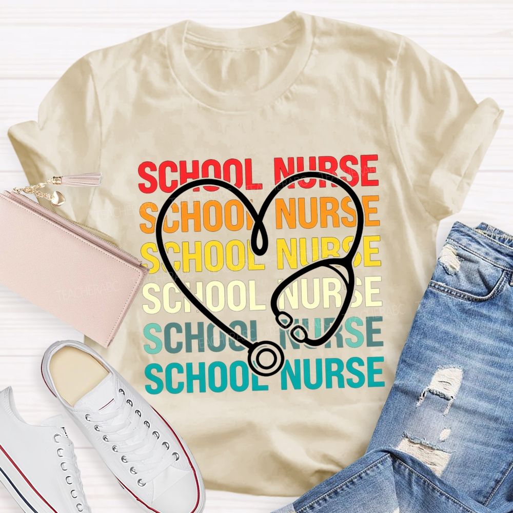 School Nurse Rainbow Heart Stethoscope T-shirt