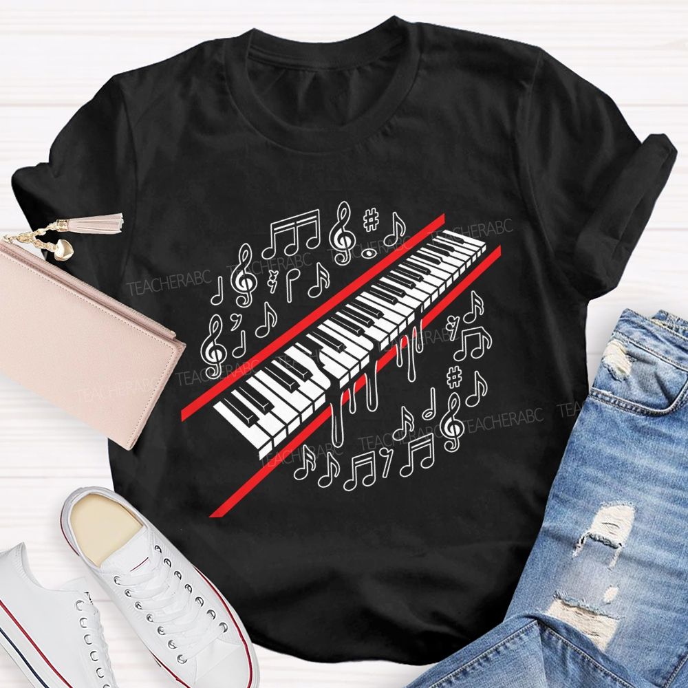 Dripping Piano Keyboard Music Notes Treble Clef Music Teacher T-shirt