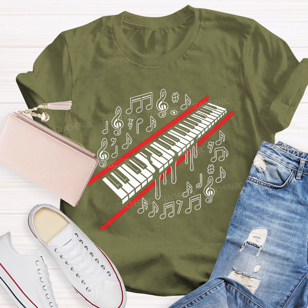 Dripping Piano Keyboard Music Notes Treble Clef Music Teacher T-shirt