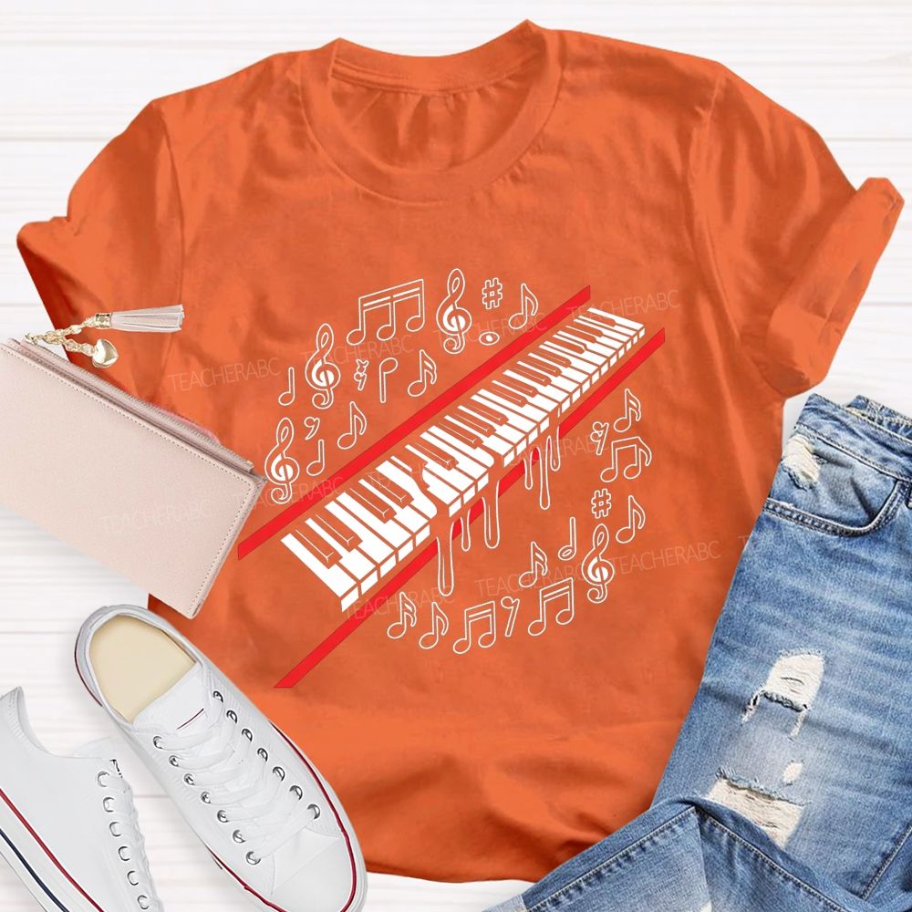 Dripping Piano Keyboard Music Notes Treble Clef Music Teacher T-shirt