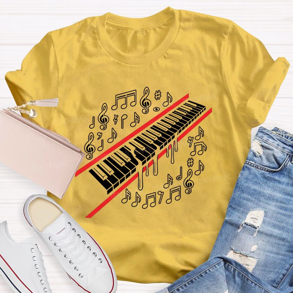 Dripping Piano Keyboard Music Notes Treble Clef Music Teacher T-shirt