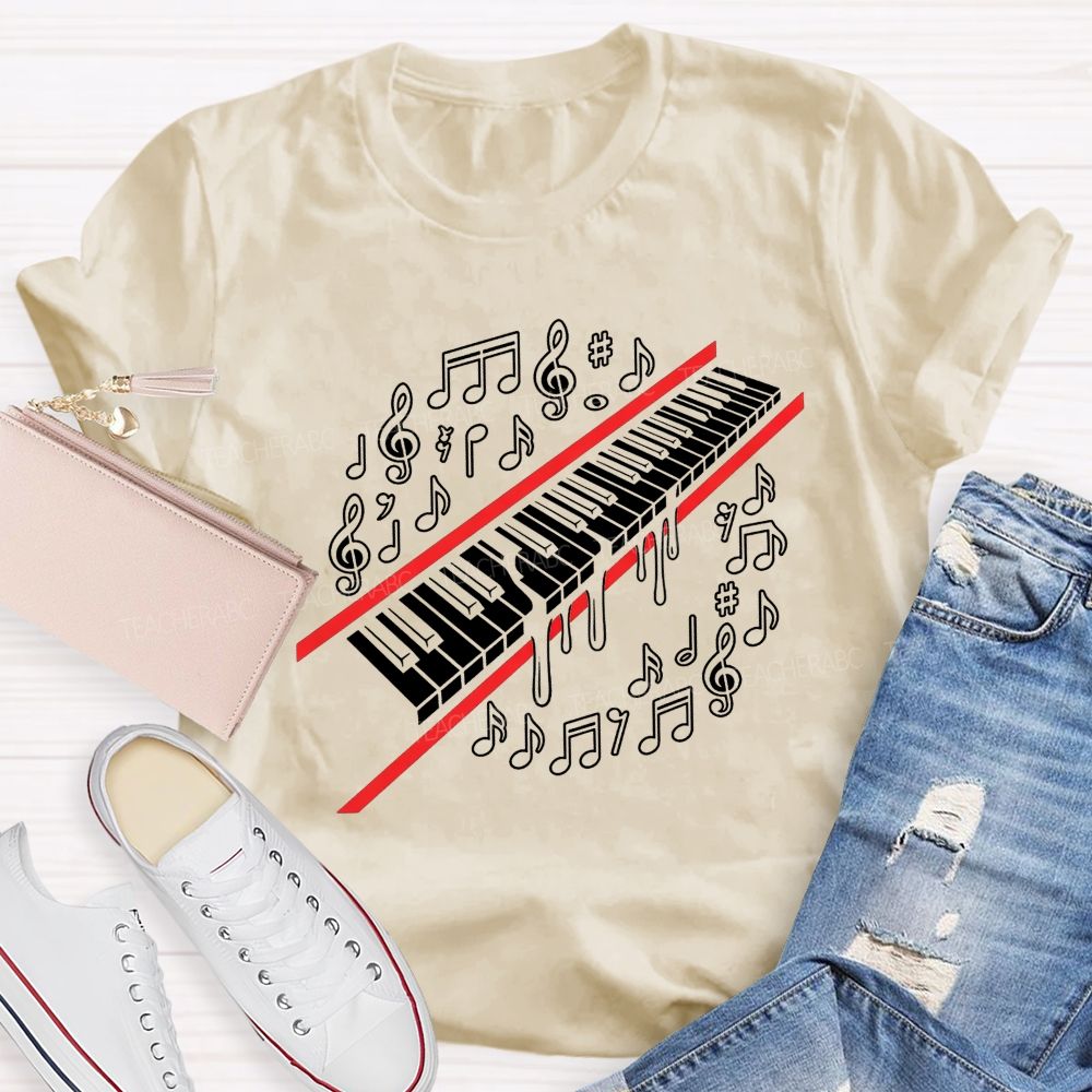 Dripping Piano Keyboard Music Notes Treble Clef Music Teacher T-shirt