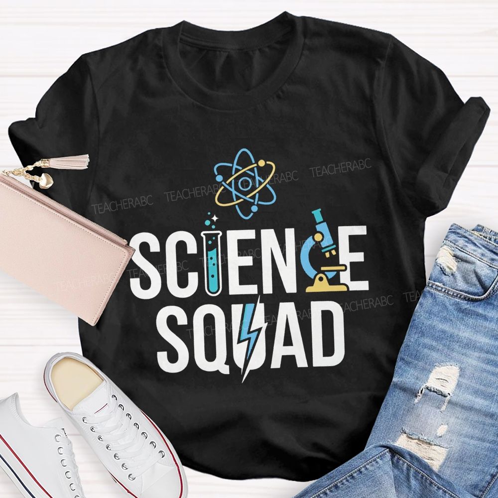 Science Squad Atom Microscope Test Tube Lightning Bolt Science Teacher T-shirt