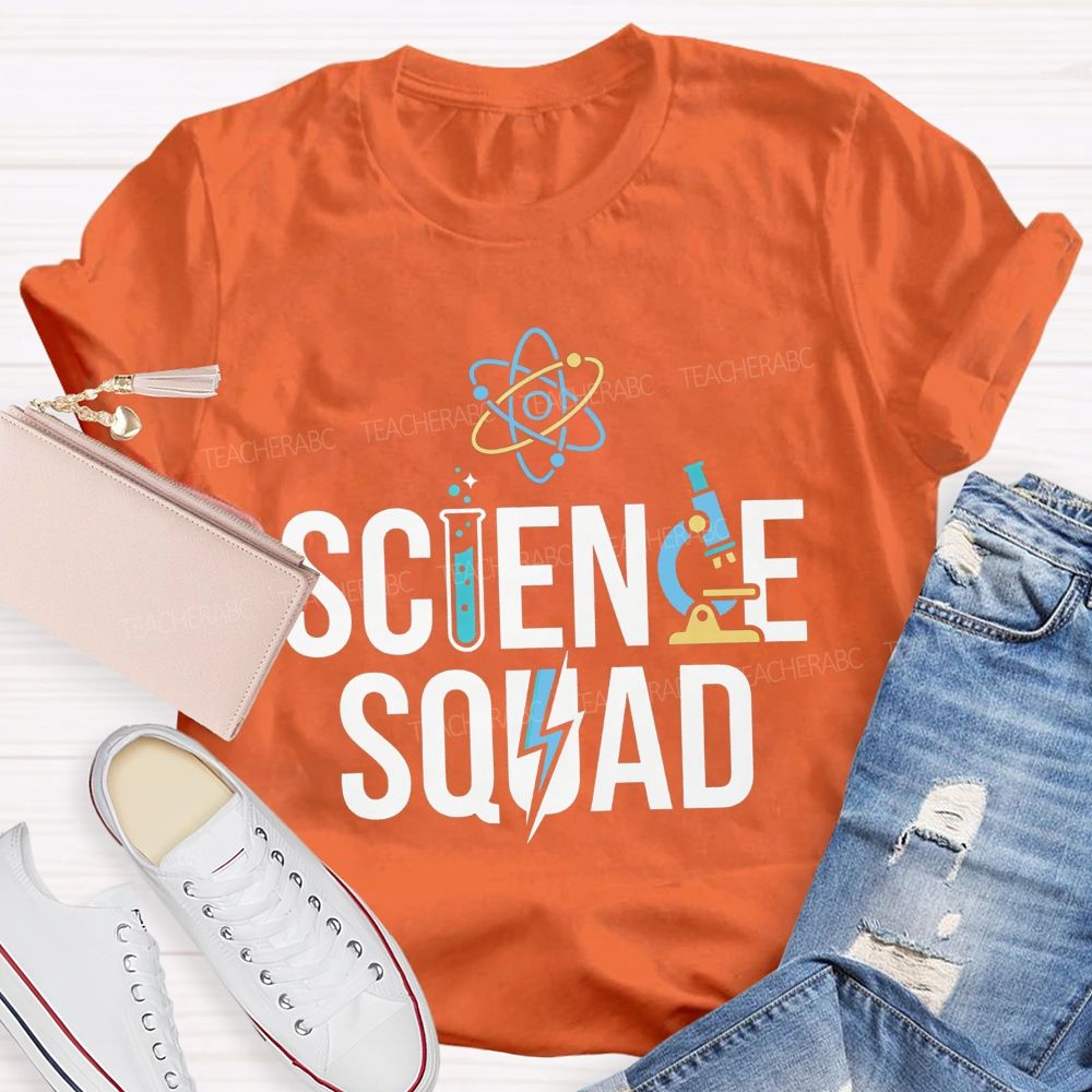 Science Squad Atom Microscope Test Tube Lightning Bolt Science Teacher T-shirt