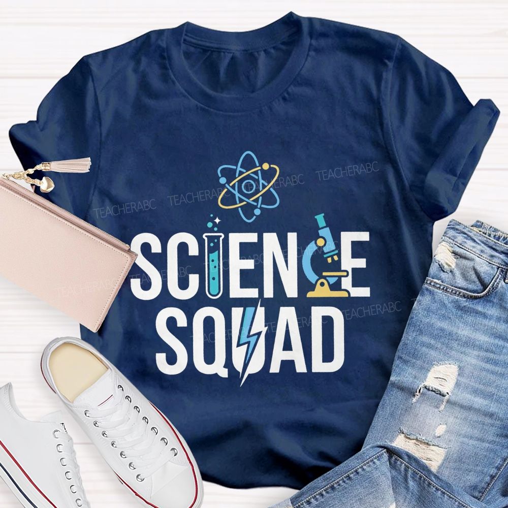 Science Squad Atom Microscope Test Tube Lightning Bolt Science Teacher T-shirt
