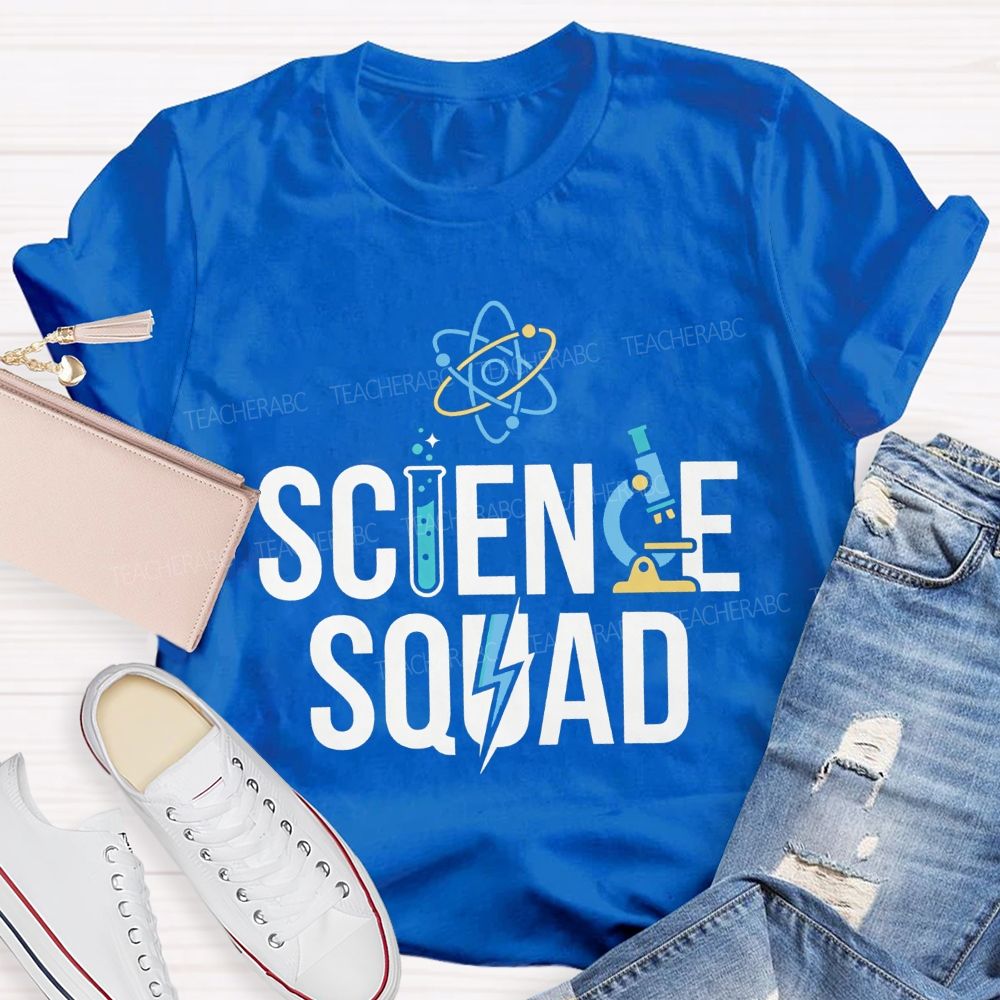 Science Squad Atom Microscope Test Tube Lightning Bolt Science Teacher T-shirt