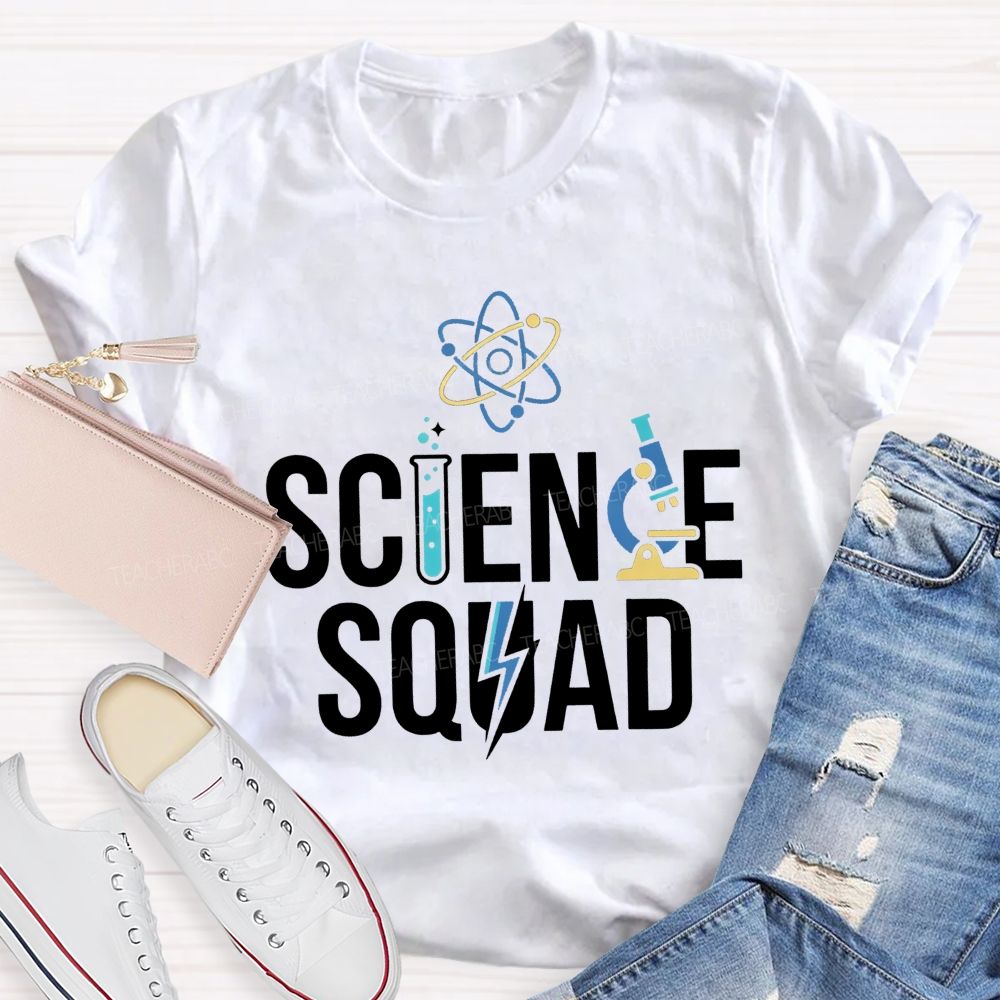 Science Squad Atom Microscope Test Tube Lightning Bolt Science Teacher T-shirt