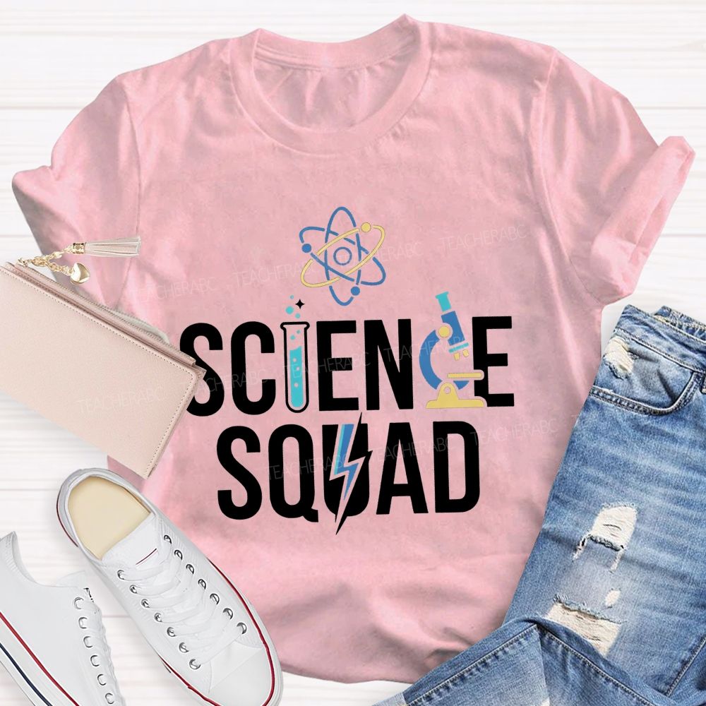 Science Squad Atom Microscope Test Tube Lightning Bolt Science Teacher T-shirt