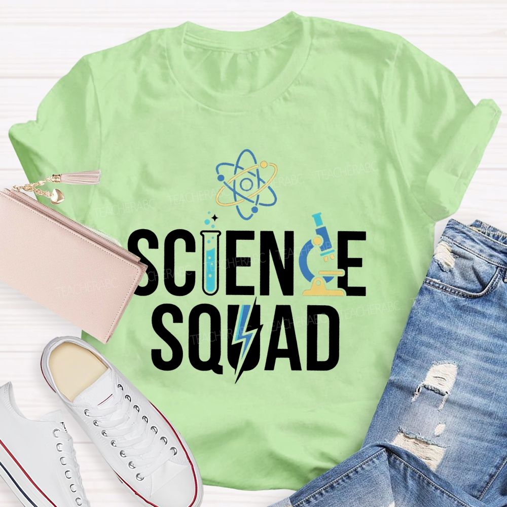 Science Squad Atom Microscope Test Tube Lightning Bolt Science Teacher T-shirt