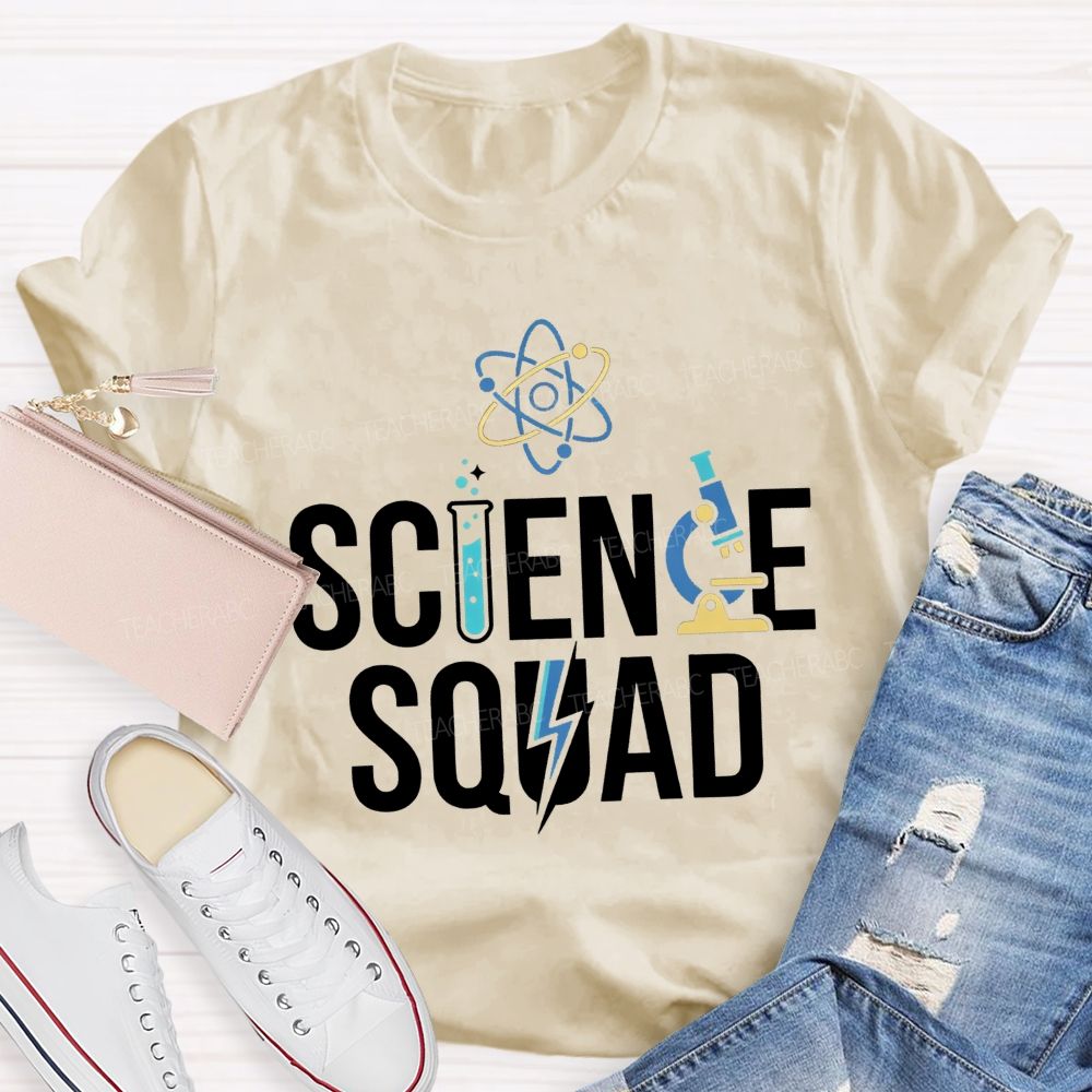 Science Squad Atom Microscope Test Tube Lightning Bolt Science Teacher T-shirt