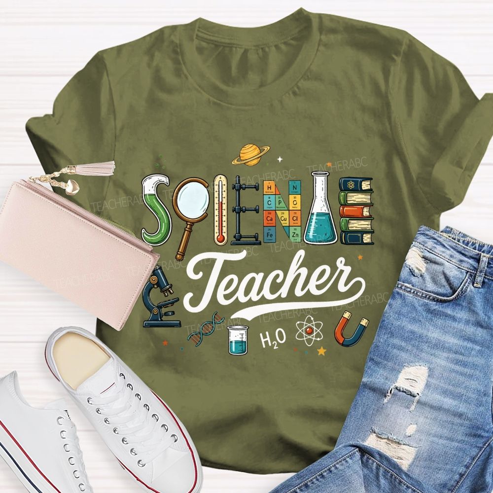 Science Teacher Microscope Periodic Table Planet Lab Equipment T-shirt