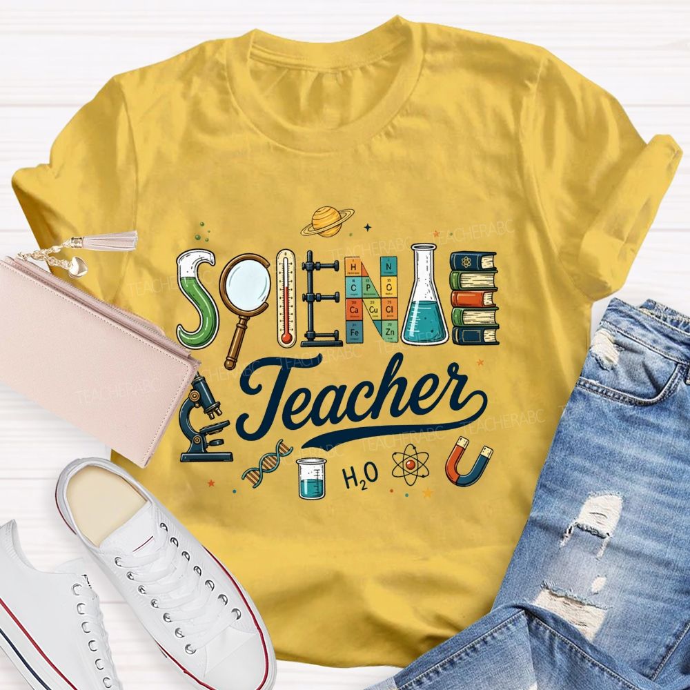 Science Teacher Microscope Periodic Table Planet Lab Equipment T-shirt